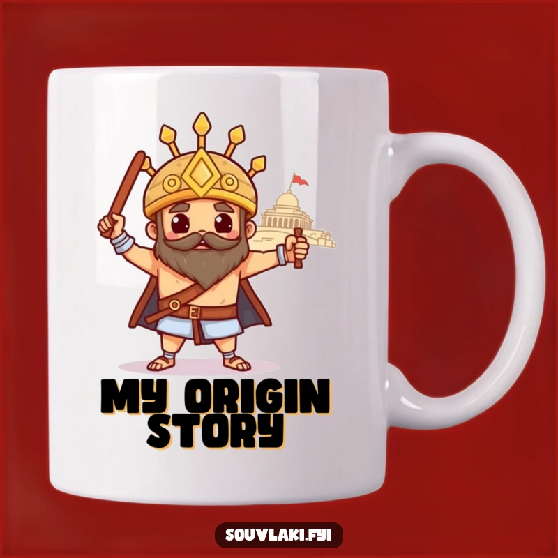 Celebrate Greek heritage with this funny souvlaki mug! Features a proud skewer posing heroically before a temple.