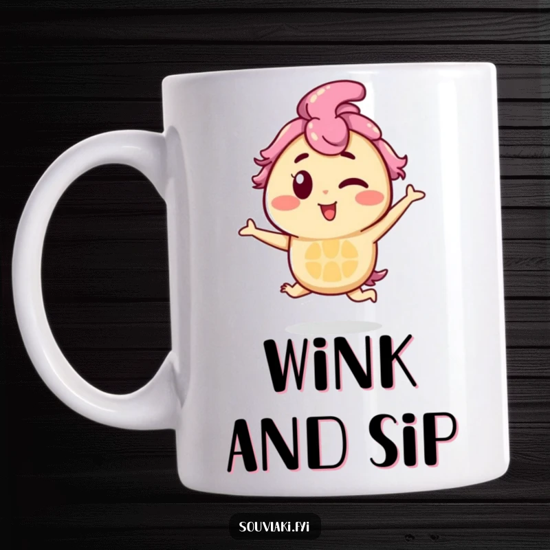 Funny Souvlaki Mug: A souvlaki skewer character winks playfully while hopping, radiating charm and humor.