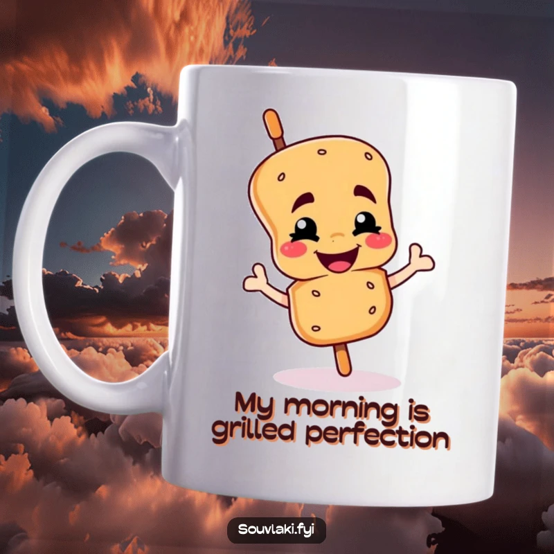 Funny souvlaki skewer mug featuring a smiling character winking proudly, perfect for a humorous kitchen gift.