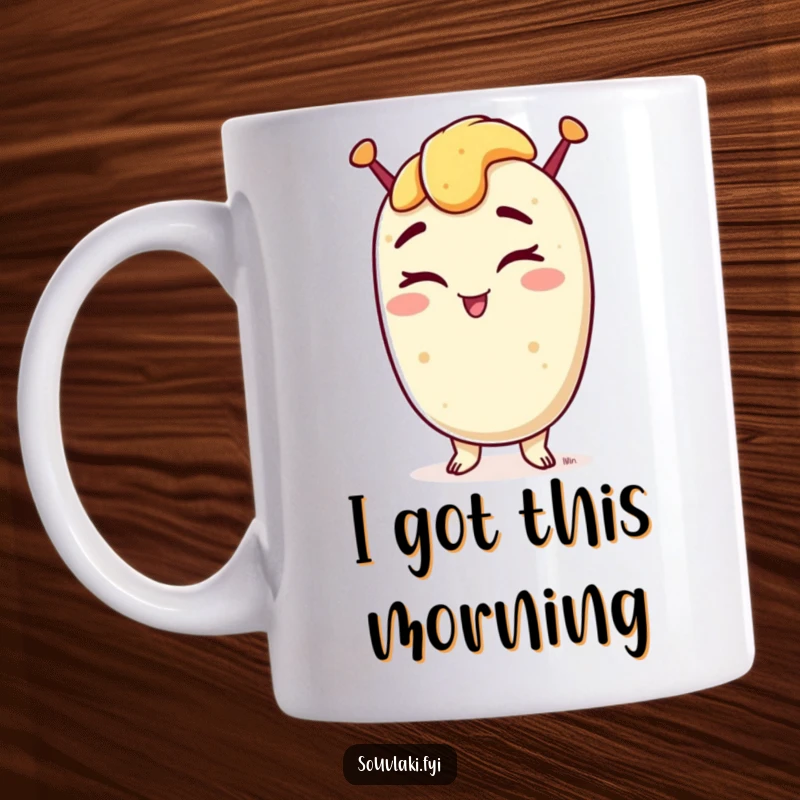 Funny mug depicting a winking souvlaki with a confident grin, celebrating Greek cuisine and playful charm.