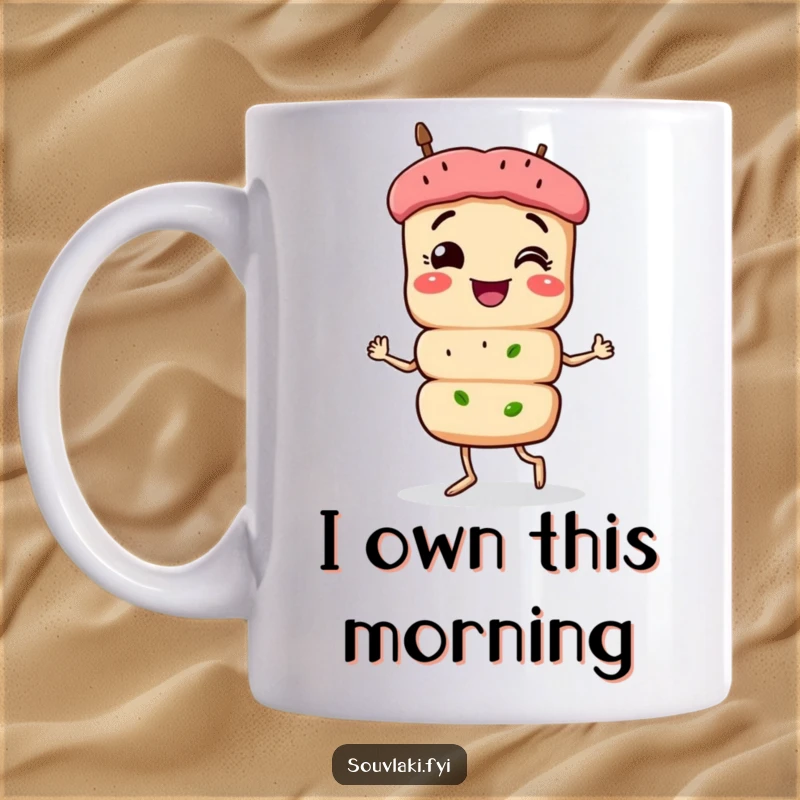 Funny Souvlaki Mug: A proud, smiling souvlaki skewer character struts confidently, radiating humor and deliciousness.