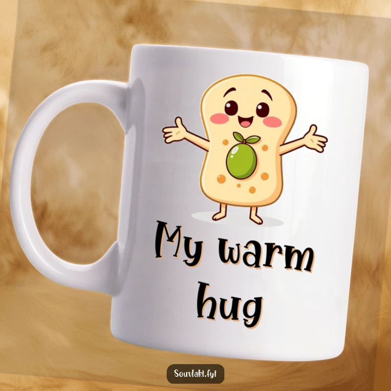 Funny mug with a cheerful pita bread character with arms outstretched, lovingly embracing a tiny olive, symbolizing warmth and friendship.