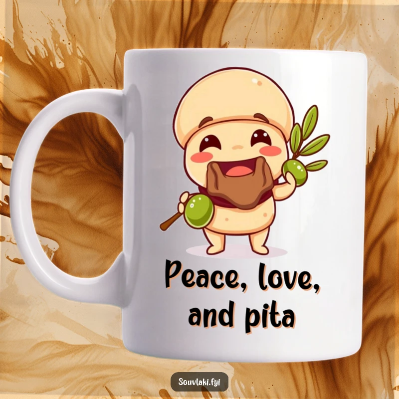 Funny Souvlaki Mug offering a juicy olive branch with a smile, symbolizing peace and deliciousness, a perfect funny gift.