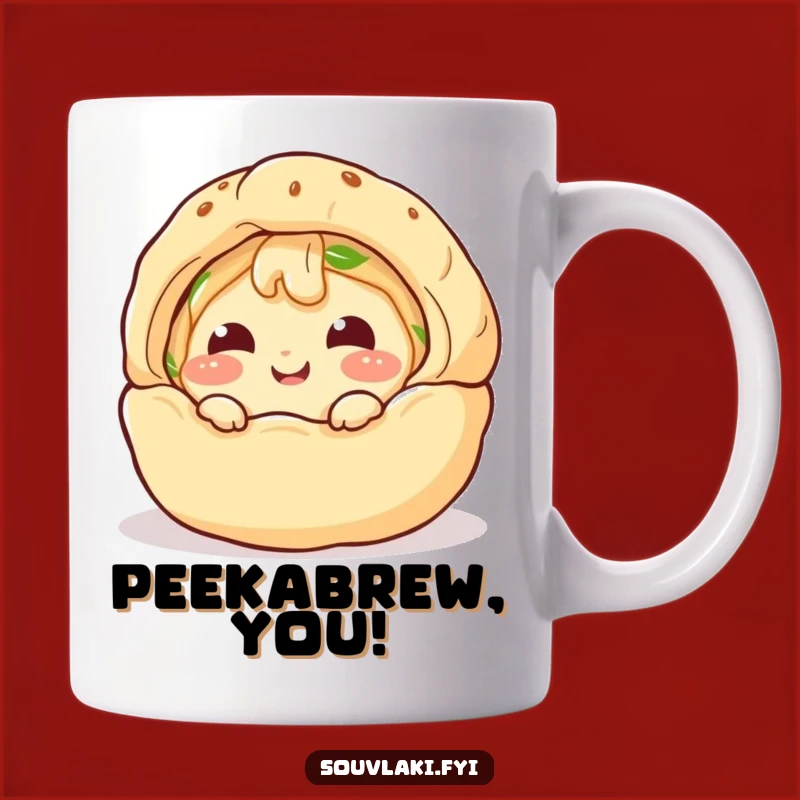 Funny Spanakopita Peek Mug: Giggling Chef Peeks Out, Perfect Greek Funny Gift