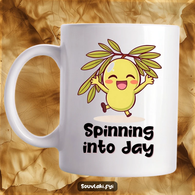 Funny delighted olive character doing a joyful spin on a coffee mug.