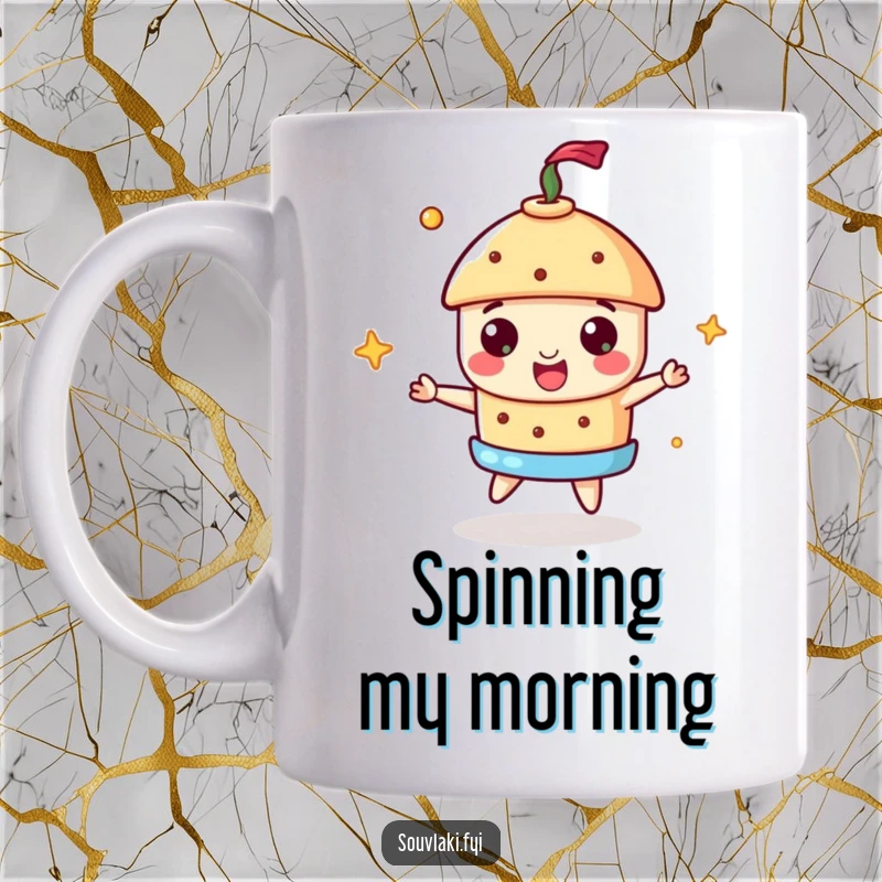 Funny Souvlaki Mug with a cheerful souvlaki spinning a miniature gyros, showcasing culinary skill and humor.