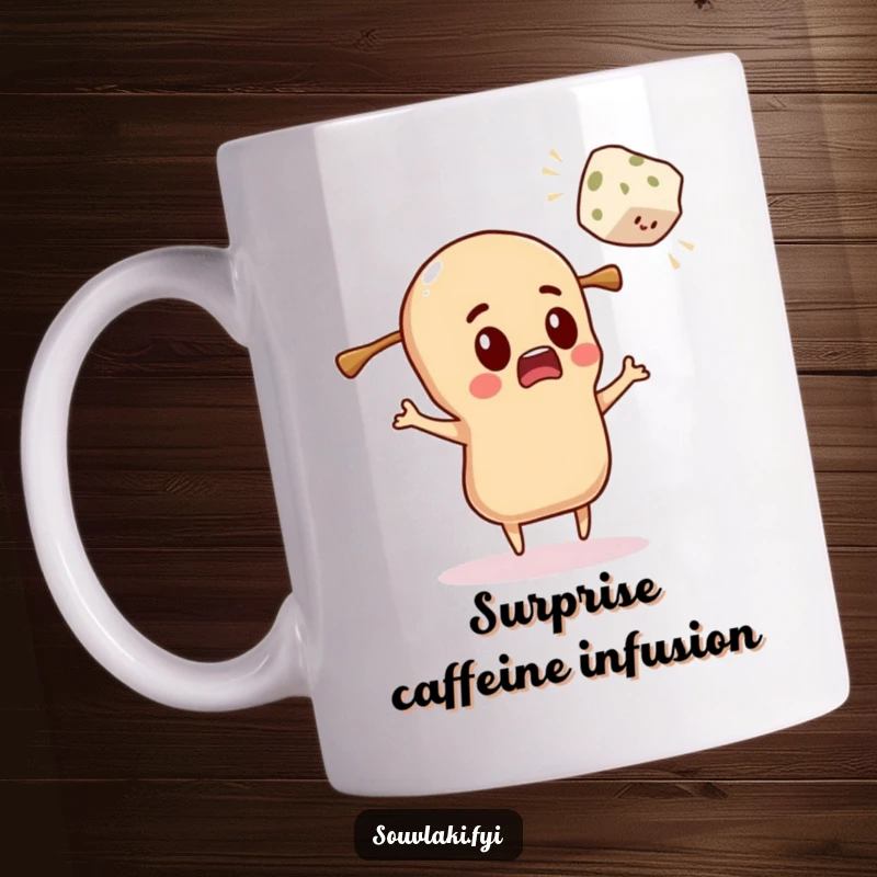 Funny Mug: Souvlaki character comically surprised by a flying feta cube heading its way.