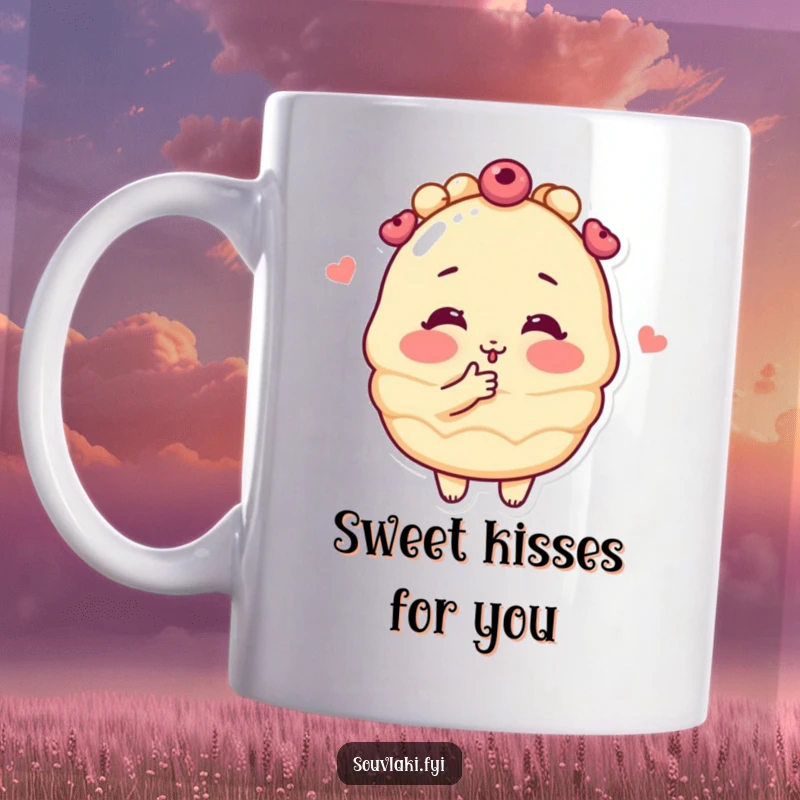 Funny baklava character blushing and blowing a delicate kiss, depicted on a ceramic mug, ideal for pastry lovers seeking a cute gift.