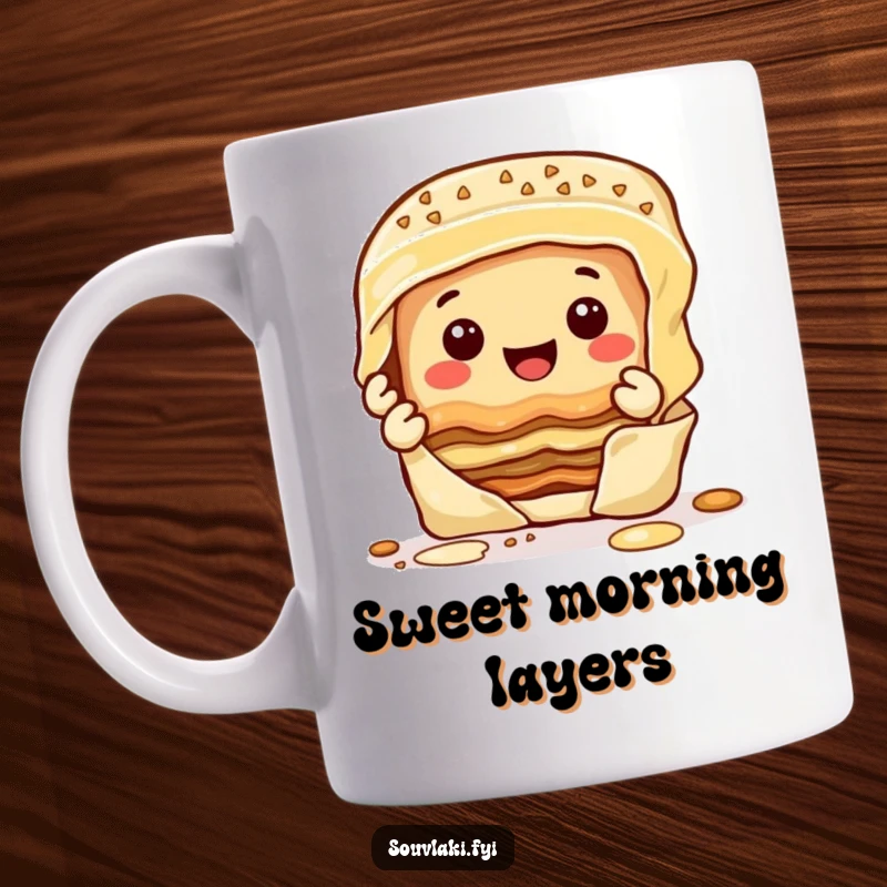 Funny happy baklava character smiling while peeling off its layers on a ceramic coffee mug.