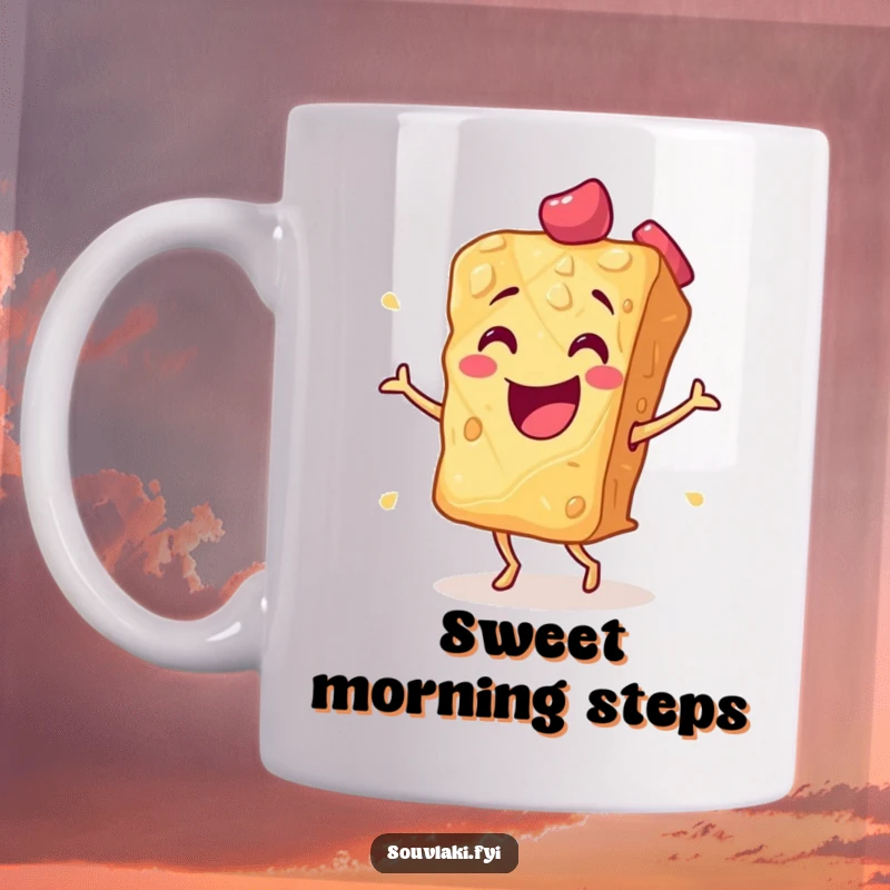 Funny smiling baklava piece in a flamenco pose on a mug, full of sweet energy. A delightful and humorous gift for pastry lovers.