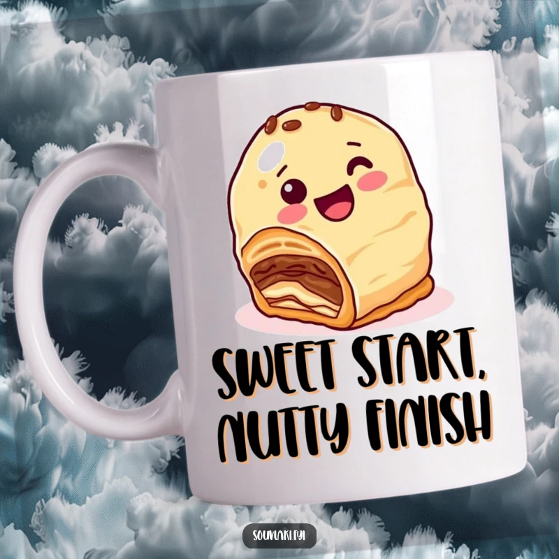 Funny Mug: A happy baklava character with nutty layers comically attempts to roll downhill, spreading sweet, nutty cheer.