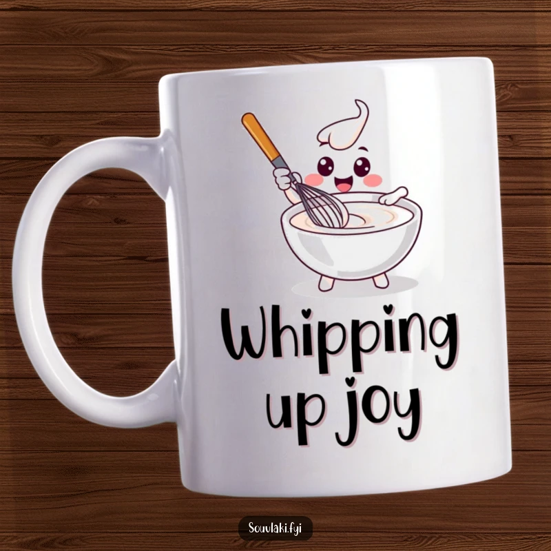 Funny delighted whisk character happily stirring a bowl of tzatziki on a ceramic coffee mug.