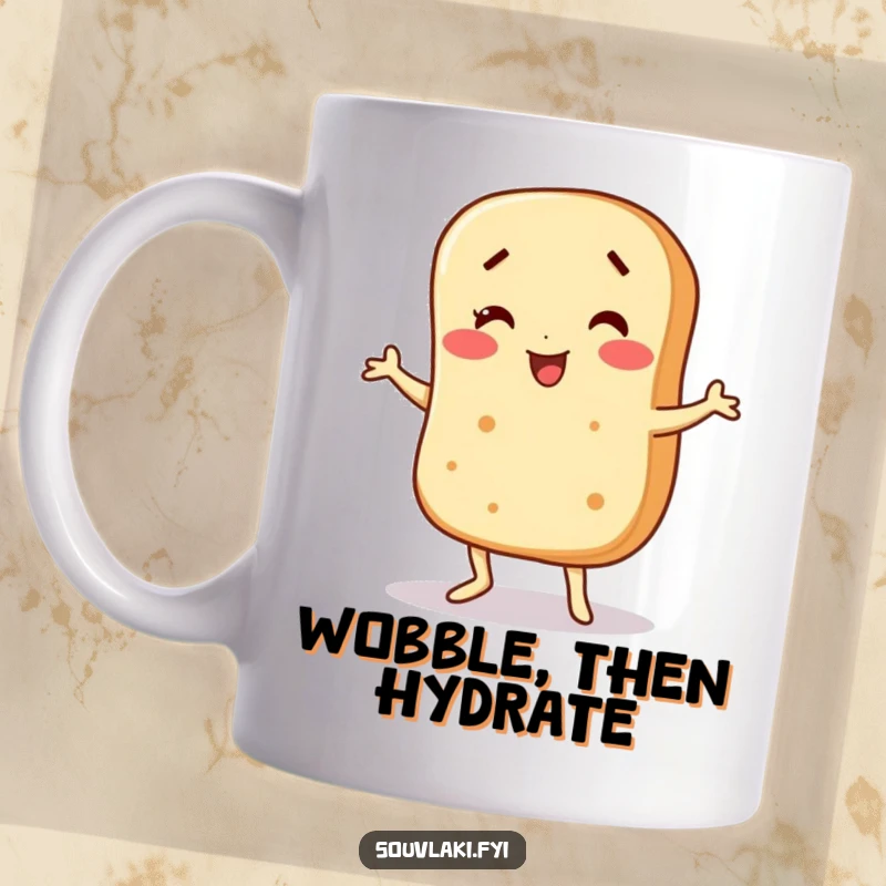 Funny Mug: A pita bread character does a funny wobble dance with joy. Hilarious and delightful gift.