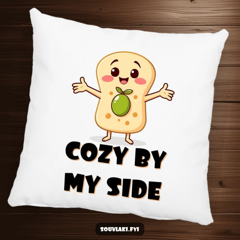 Funny pillow with a cheerful pita bread character embracing a tiny olive, offering soft, warm, and humorous comfort.