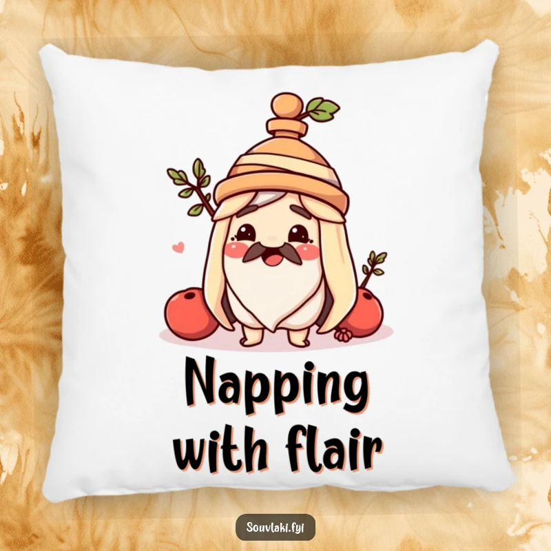 Funny souvlaki pillow, a happy Greek skewer dons an amphora hat, offering plush comfort and cultural charm.
