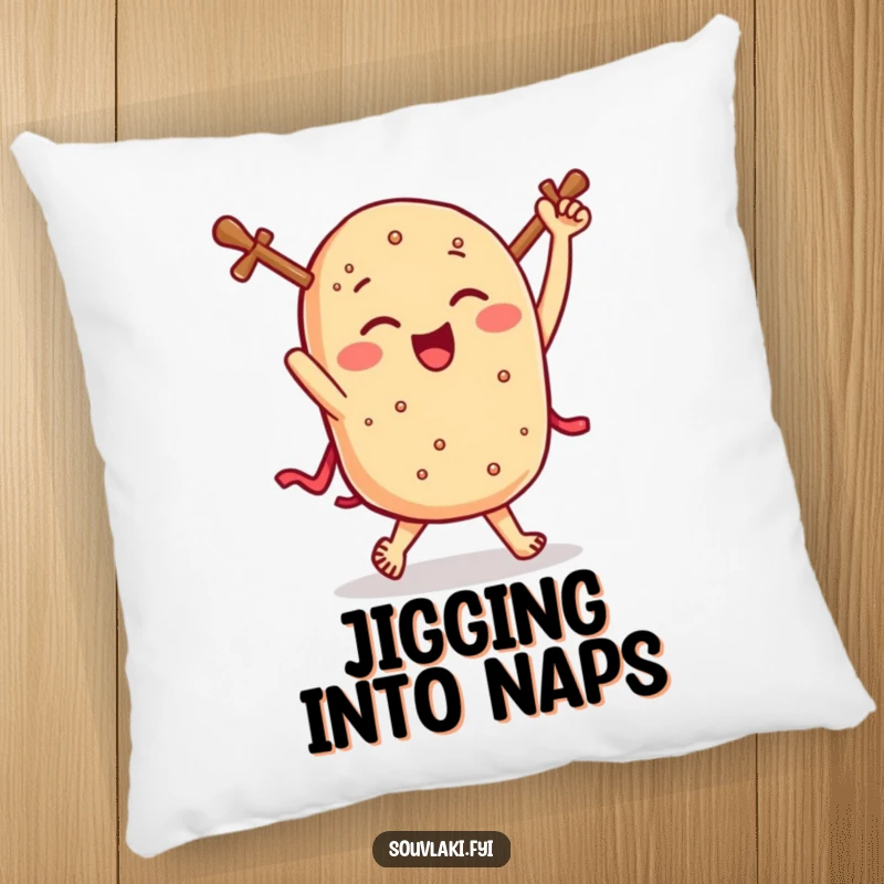 Funny souvlaki pillow, a winking Greek skewer happily jigs, offering plush comfort and hilarious foodie charm.