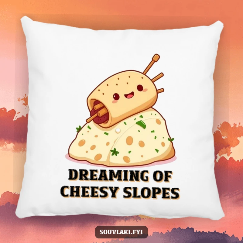Funny, giddy souvlaki character slides down a feta cheese hill, offering soft comfort and a humorous visual accent for any pillow.
