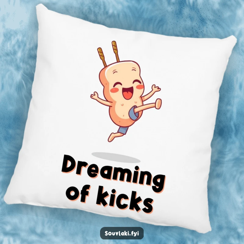 Funny souvlaki skewer character doing a high kick, a comfortable and humorous accent pillow.