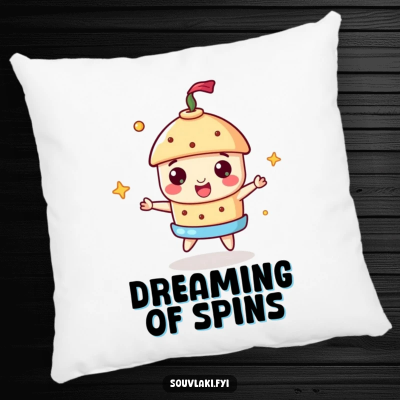 Funny Souvlaki Pillow with a cheerful souvlaki spinning a miniature gyros, adding humorous comfort to any room.