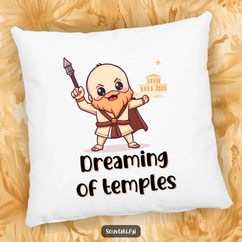 Funny souvlaki pillow with a proud Greek food character posing heroically before a distant temple, perfect for epic comfort and humorous decor.