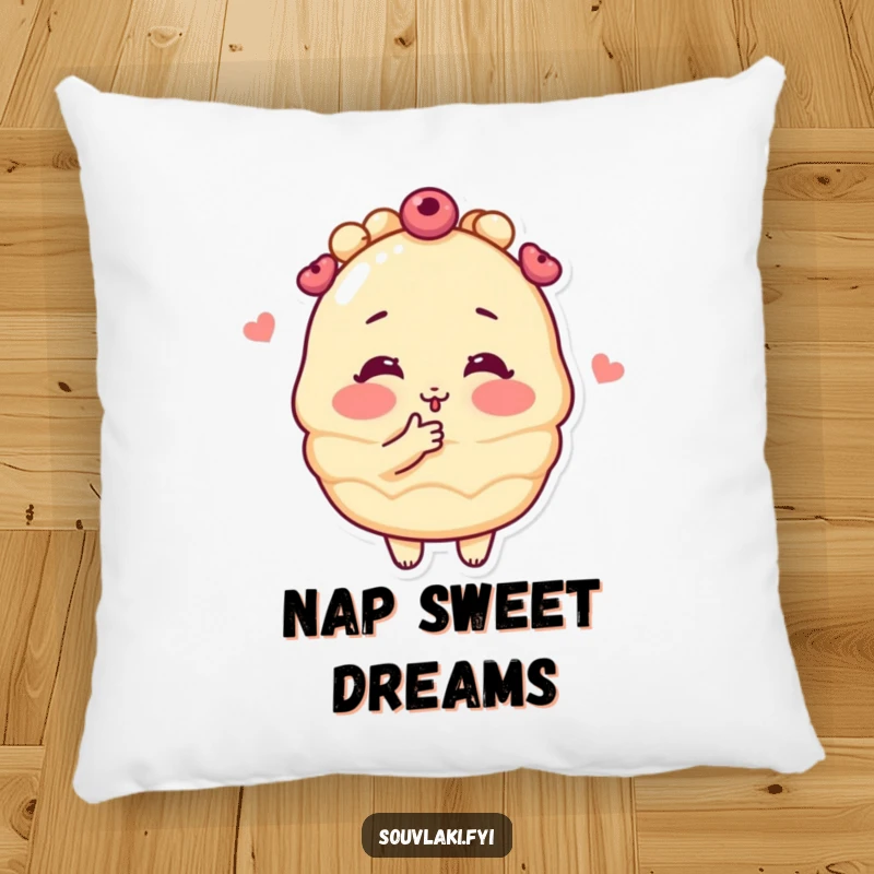 Funny blushing baklava pastry character blowing a kiss on a soft pillow, offering comfort and a touch of sweet humor.