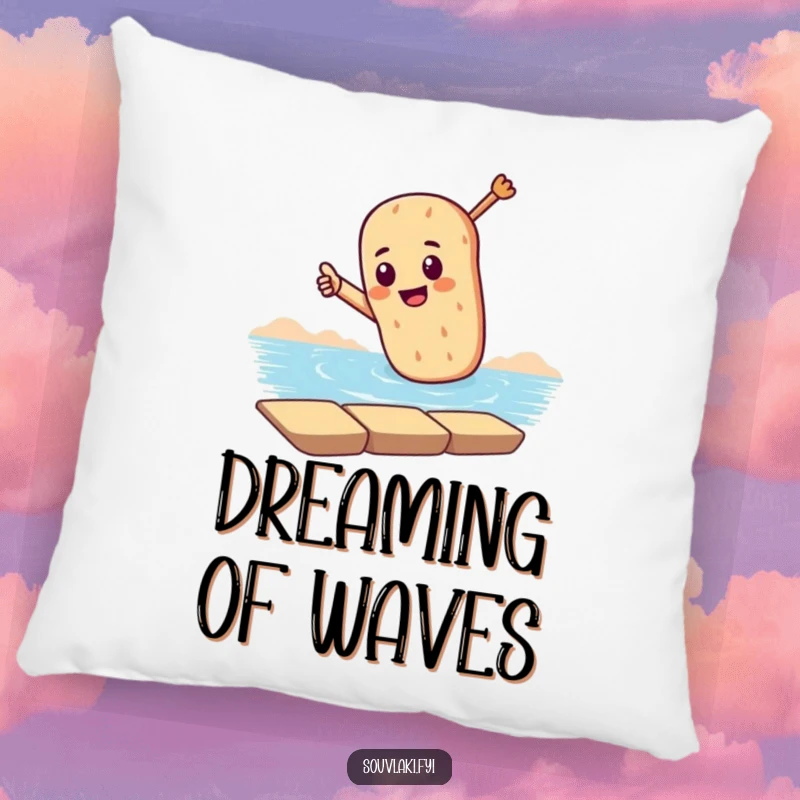 Funny pillow featuring a souvlaki dramatically pointing towards the sea, providing comfort and a humorous touch of coastal charm.