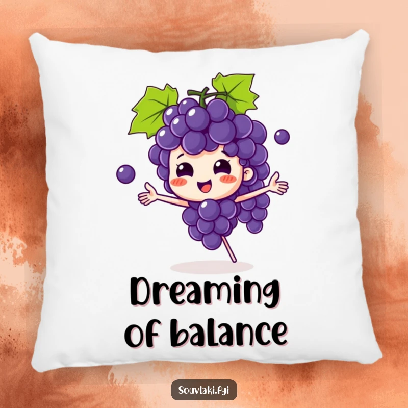 Funny grape bunch pillow with a playful character juggling grapes, offering comfort and a cheerfully amusing accent.