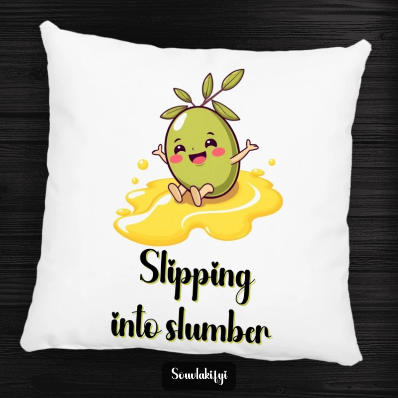 Funny Olive Pillow: A soft pillow showcasing a cheerful olive character sliding down an olive oil stream, bringing whimsical and humorous appeal.