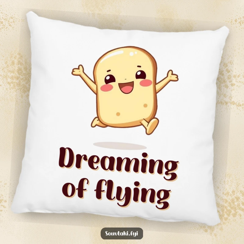 Funny pita bread pillow with a smiling character in a joyful leap, offering soft comfort and a cheerful, humorous accent.