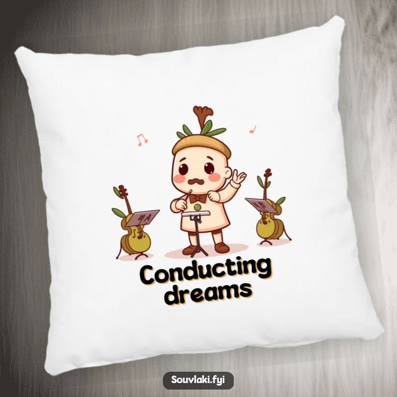 Funny pillow with a souvlaki character conducting a tiny orchestra of olives playing musical instruments.