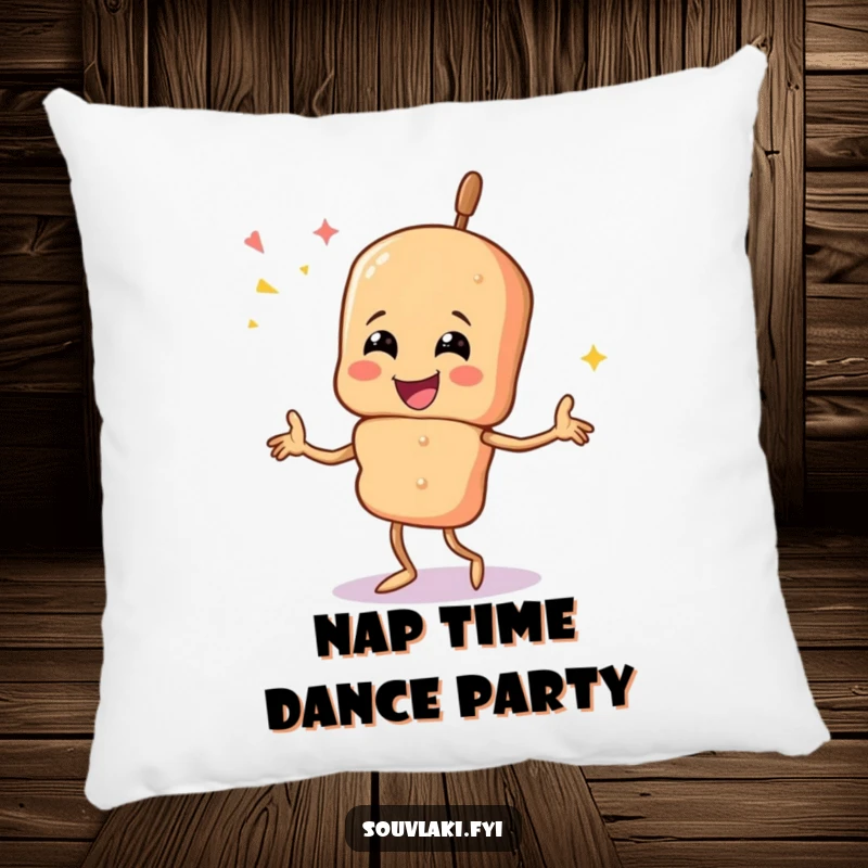 Funny souvlaki skewer character doing a lively dance, a soft and huggable accent pillow.