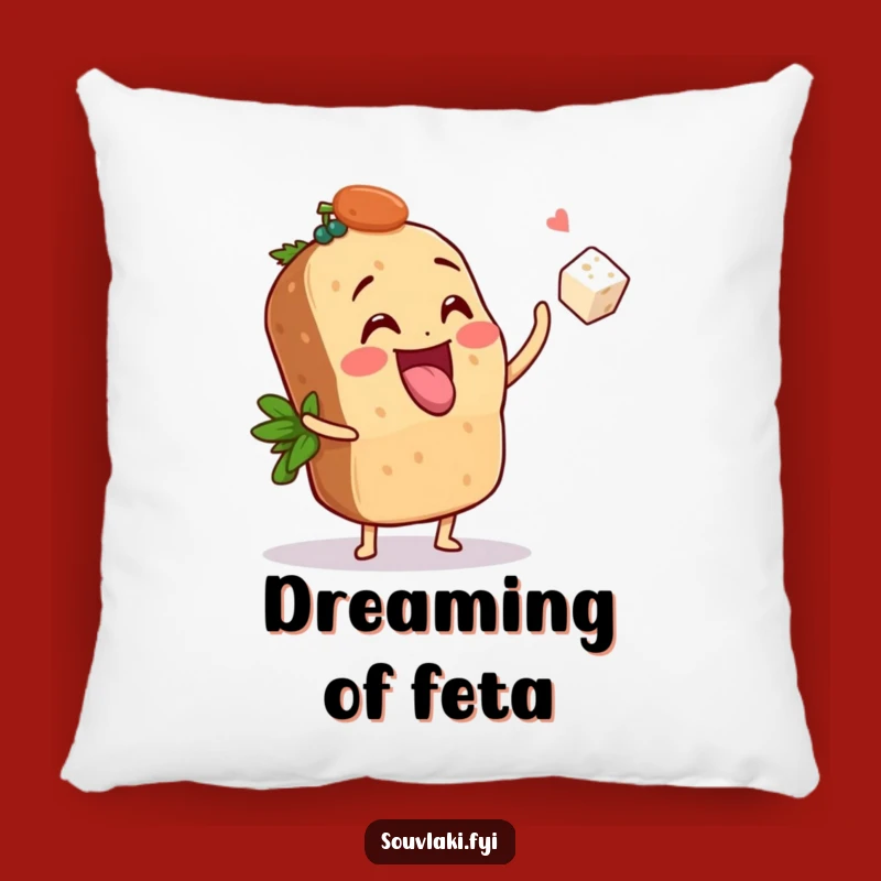 Add a touch of playful comfort and culinary cheer to your home with this soft and funny pillow. It’s perfect for relaxing and dreaming of delicious feta, comically.