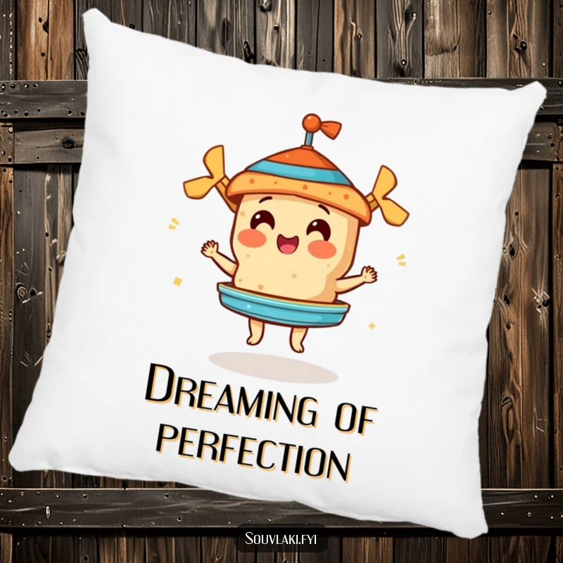 Funny pillow featuring a souvlaki perfecting a miniature gyros, offering humorous comfort and culinary charm.