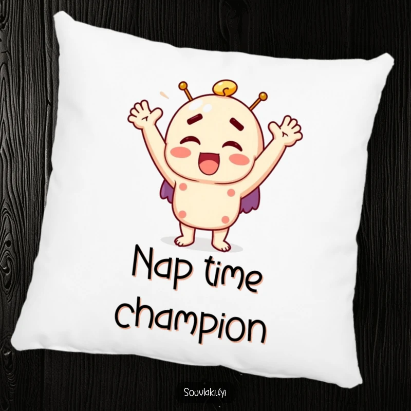 Funny souvlaki pillow with a character exclaiming joyfully with raised arms, offering comfort and humor.