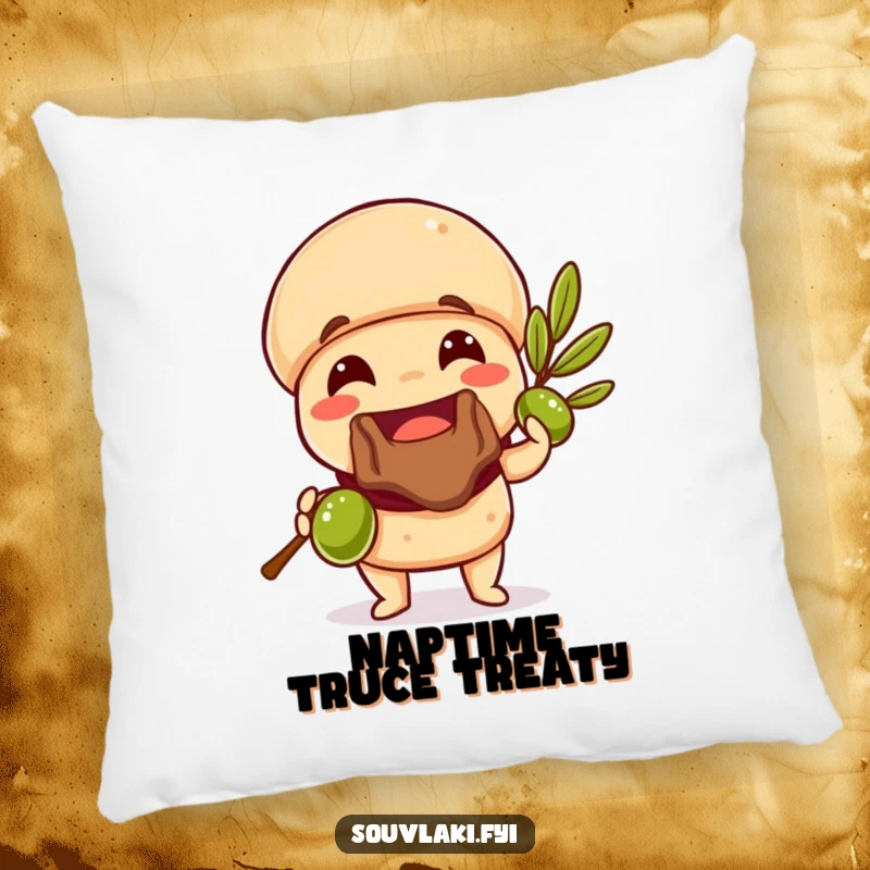 Funny Souvlaki Pillow with a smiling souvlaki offering an olive branch, perfect for adding humorous comfort to any room.
