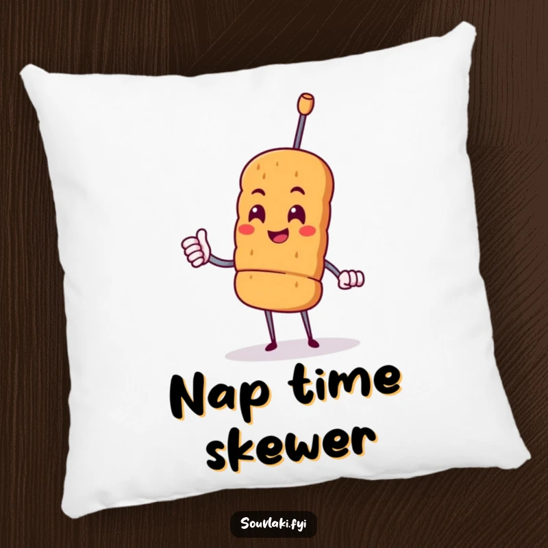 Funny proud souvlaki skewer character giving a cheerful nod, printed on a soft, decorative throw pillow.