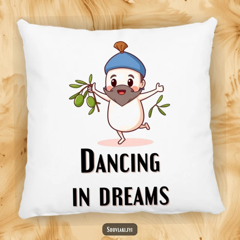 Funny Pillow: Souvlaki character in a whimsical dance pose, spinning an olive branch while resting.