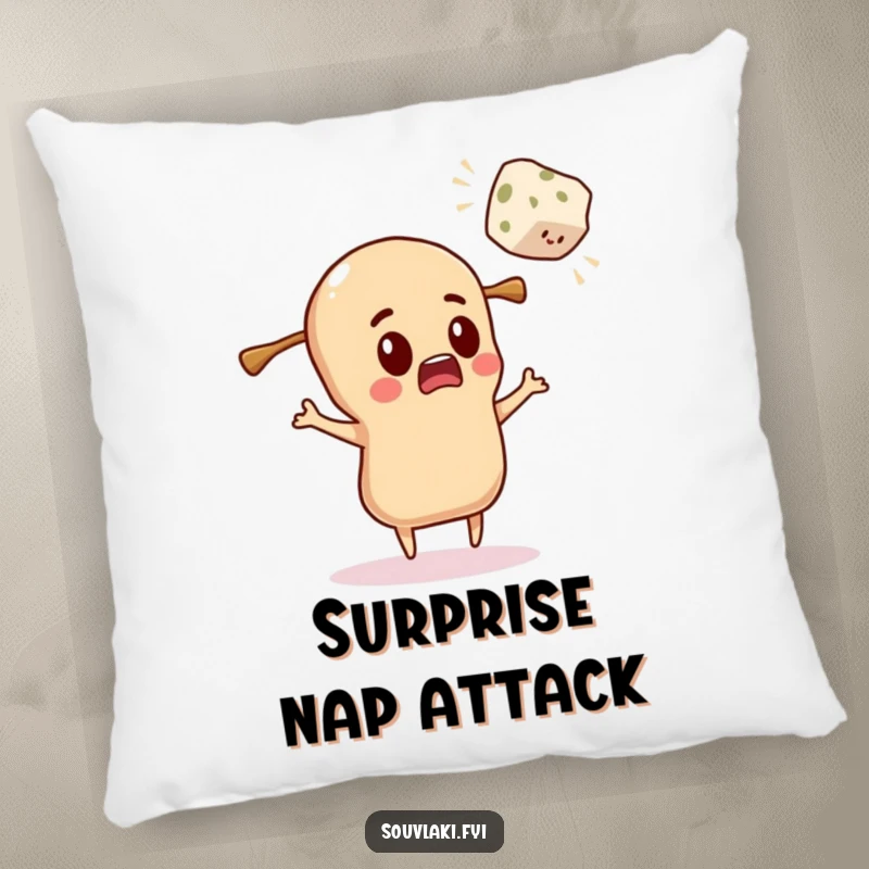 Funny Pillow: Souvlaki character comically surprised by a flying feta cube while resting.