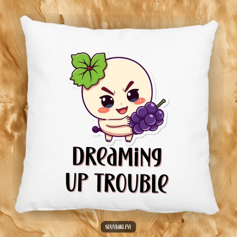 Funny Pillow: Souvlaki character with a mischievous expression, sneakily reaching for a grape while resting.