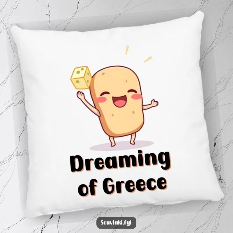 Funny souvlaki pillow depicting a playful feta toss, offering a humorous and cozy accent for food lovers.
