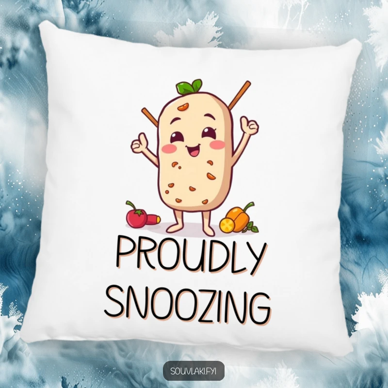 Funny Pillow: Souvlaki character doing a funny, proud pose with its ingredients, a soft and humorous decorative accent pillow.