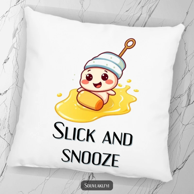 Funny souvlaki skewer character enjoying a slippery ride on olive oil on a pillow, for cozy humor.