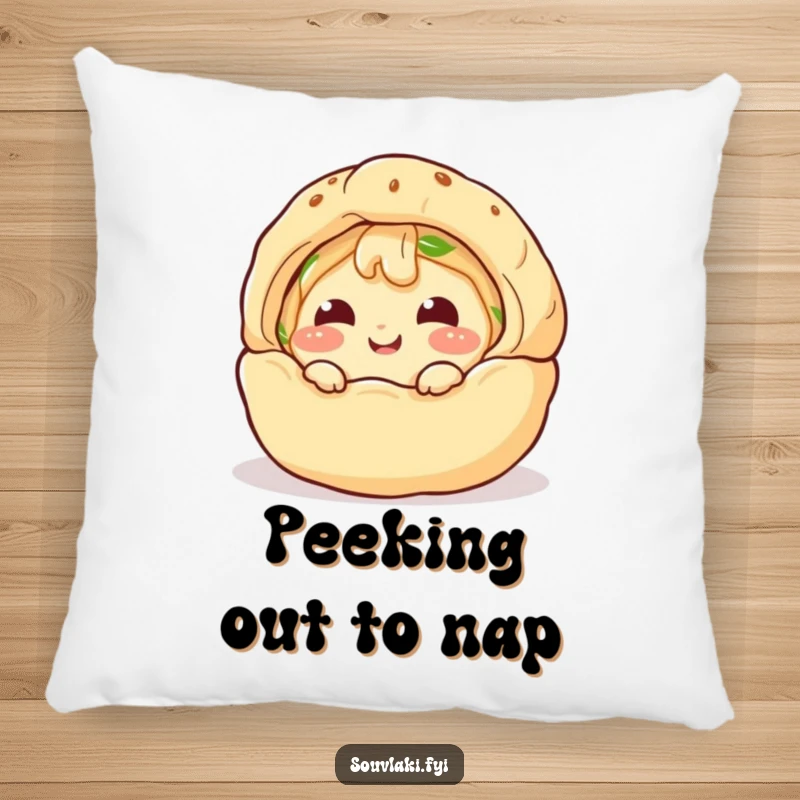 Funny Pillow: A giggling spanakopita character comically peeks from a puff pastry shell, offering comfort and a touch of humor.