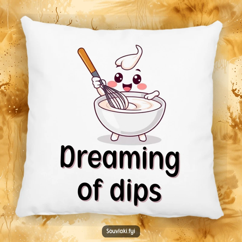 Funny delighted whisk character stirring tzatziki, printed on a soft, decorative throw pillow.