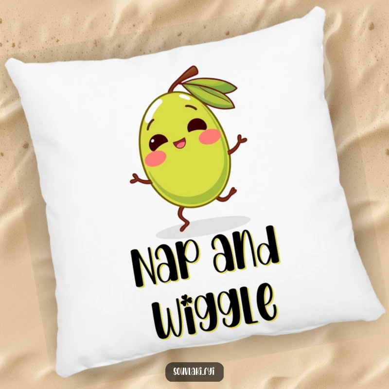 Funny olive character with legs dancing gleefully on a plush pillow. A cute and humorous home accent, perfect as a funny gift.