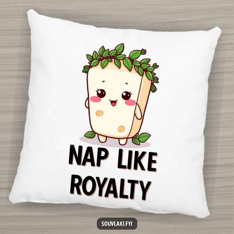 Funny feta cheese character comically trying to wear a tiny laurel wreath, depicted on a soft throw pillow.