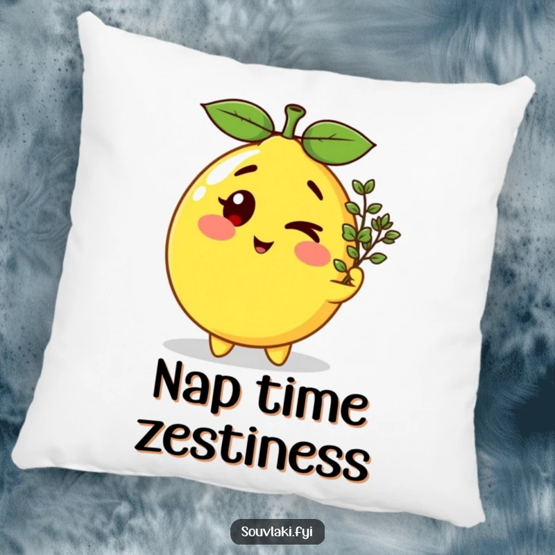 Funny winking lemon character offering oregano, printed on a soft, comfortable throw pillow for added humor.