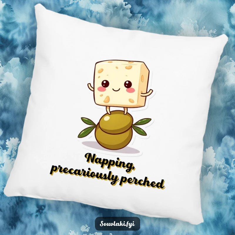 Funny feta cheese pillow with a cheerful cube character precariously balancing on an olive, offering comfort and a humorous accent.