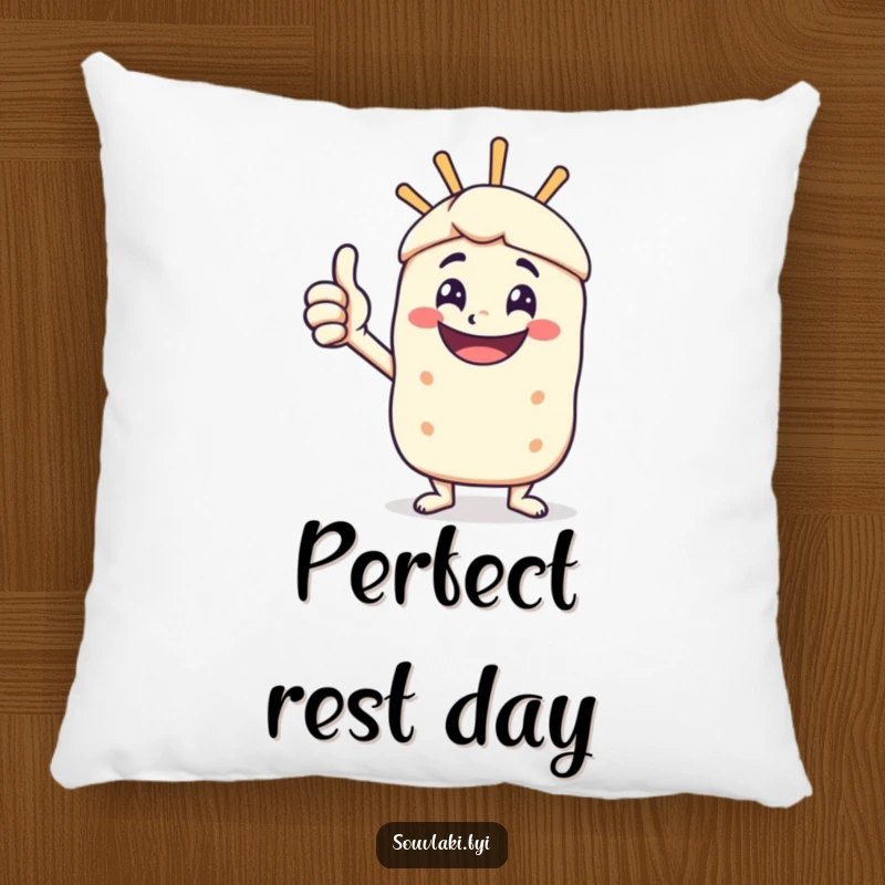 Funny pillow with a happy souvlaki skewer character giving a vigorous, approving thumbs-up.