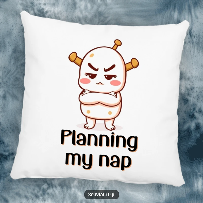 Funny pillow featuring a souvlaki with crossed arms and a mischievous expression, providing comfort and a humorous touch of sass.